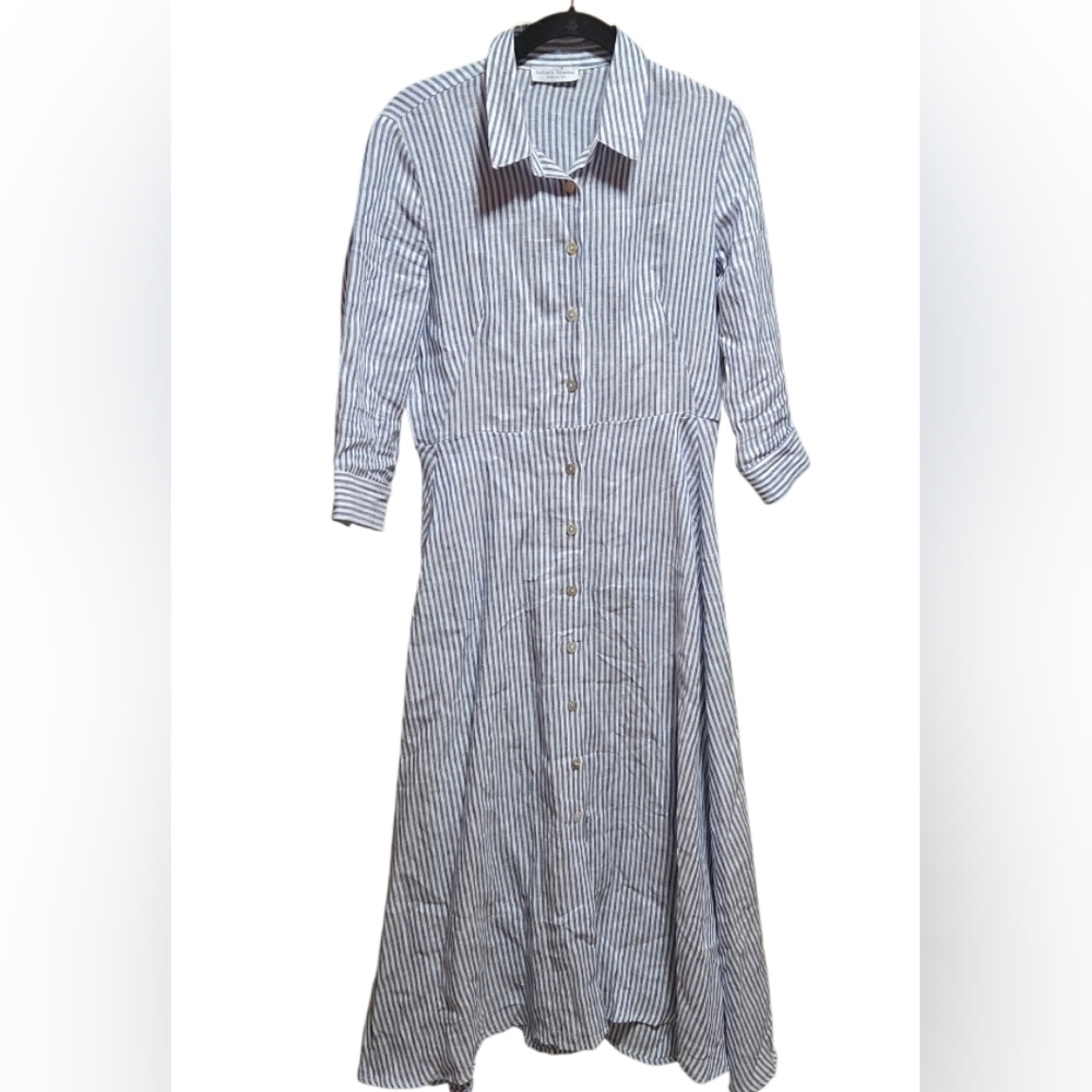 Sartoria Saracena Seersucker Blue & White Striped 100% Linen Maxi Dress Size XS